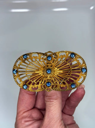Vintage Blue Rhinestone Gilded Filigree Brooch by Reserved Grace