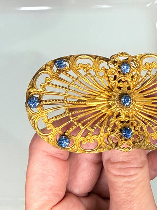 Vintage Blue Rhinestone Gilded Filigree Brooch by Reserved Grace