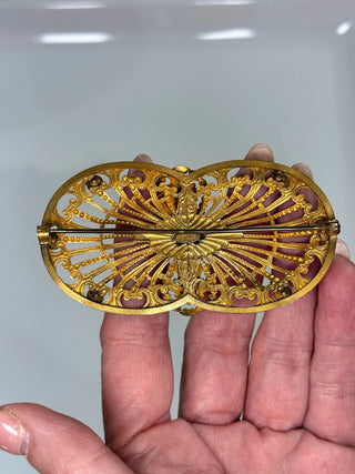 Vintage Blue Rhinestone Gilded Filigree Brooch by Reserved Grace