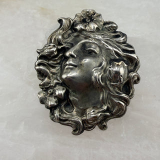 Vintage Art Nouveau Repoussé Flowing Hair Portrait Brooch