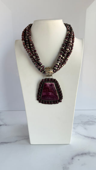 Vintage L Ganado Purple Spiny Oyster Sterling Silver Beaded Multi-Strand Necklace - 18"