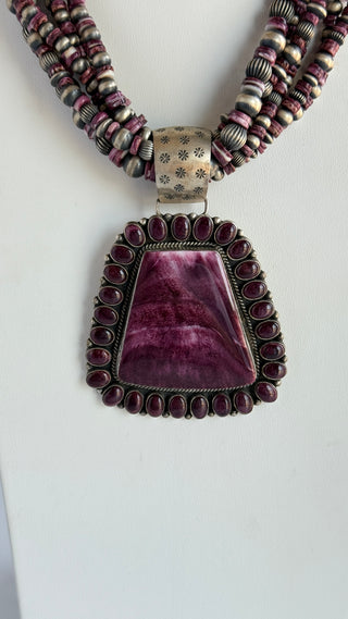 Vintage L Ganado Purple Spiny Oyster Sterling Silver Beaded Multi-Strand Necklace - 18"