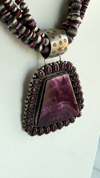 Vintage L Ganado Purple Spiny Oyster Sterling Silver Beaded Multi-Strand Necklace - 18"