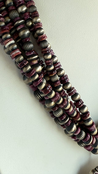 Vintage L Ganado Purple Spiny Oyster Sterling Silver Beaded Multi-Strand Necklace - 18"