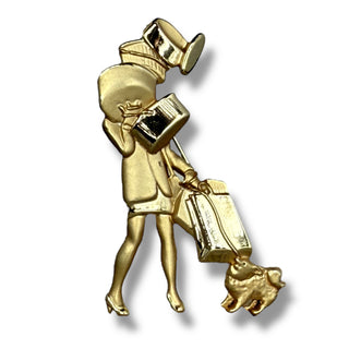 Vintage AJC Gold Tone Brooch Pin Featuring Shopping Girl and Dog