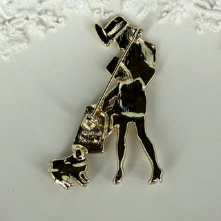 Vintage AJC Gold Tone Brooch Pin Featuring Shopping Girl and Dog by Reserved Grace