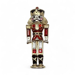 Monet Vintage Nutcracker Soldier Christmas Pin Holiday Rhinestones Gold Tone Brooch