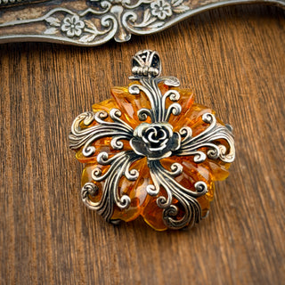 Vintage Baltic Amber Sterling Silver Rose Brooch Pendant – Ornate Scrollwork 2.01”