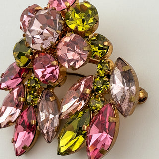 Vintage Austrian Pink and Peridot Rhinestone Cluster Brooch