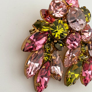Vintage Austrian Pink and Peridot Rhinestone Cluster Brooch