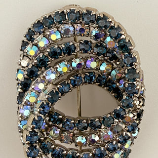 Vintage Kramer Layered Rhinestone Loop Brooch in Deep Blue and Aurora Borealis