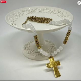 Vintage Milky Quartz Necklace with Hammered Goldtone Cross Pendant (36”)
