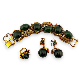 Unsigned Selro Style Parure Faux Jade and Coral Glass with Sculpted Floral Brass