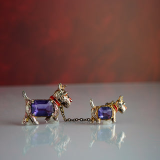 Antique Double Dog Brooch with Faux Amethyst Stones