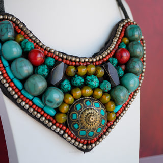 Vintage Tibetan Hand-Stitched Beaded Bib Necklace with Natural Stones - Reserved Grace