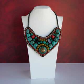 Vintage Tibetan Hand-Stitched Beaded Bib Necklace with Natural Stones - View 6 - Reserved Grace