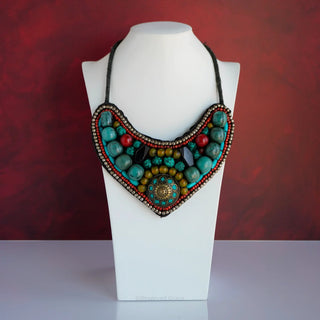 Reserved Grace Vintage Tibetan Hand Stitched Beaded Bib Necklace With Natural Stones - Necklaces Necklace