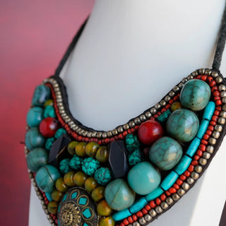 Reserved Grace Vintage Tibetan Hand Stitched Beaded Bib Necklace With Natural Stones - Necklaces Necklace