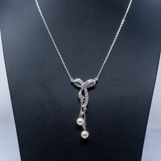 Nolan Miller Bow Necklace Vintage 90s Silver Tone Rhinestone Embellished