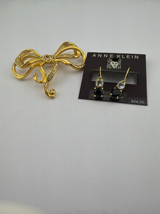 Reserved Grace Anne Klein gold-tone bow brooch with clear crystals and matching black and clear crystal drop earrings