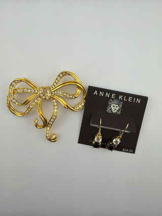 Reserved Grace Anne Klein gold-tone bow brooch with crystals and matching drop earrings with black and clear stones.