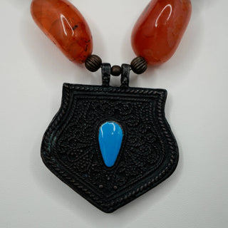 Reserved Grace vintage necklace with polished orange carnelian beads and an ornate metal pendant with blue enamel