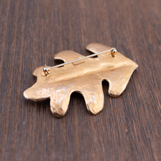 Reserved Grace vintage Carol Dauplaise gold-tone oak leaf brooch showing the back with signature cartouche