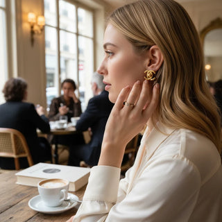 Reserved Grace vintage Chanel gold-plated CC turn lock clip-on earrings worn by a woman in a cafe setting
