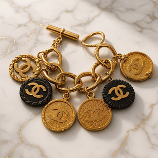 Reserved Grace vintage Chanel gold-plated charm bracelet featuring CC logo medallions and black resin accents