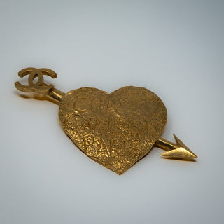 Reserved Grace vintage Chanel 1993 gold-plated heart and arrow brooch with Rue Cambon Paris graffiti and CC logo