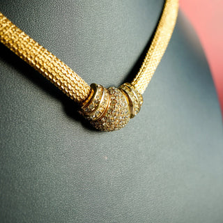 Reserved Grace vintage Christian Dior gold mesh collar necklace featuring a central crystal-encrusted bead detail.