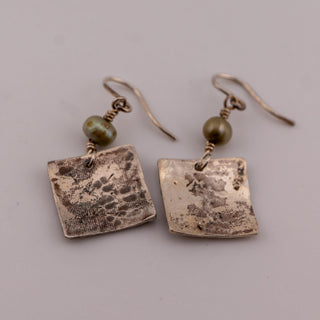 Reserved Grace artisan sterling silver square dangle earrings with etched texture and green pearl accents