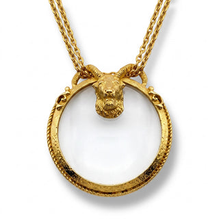 Reserved Grace vintage Florenza goldtone ram head magnifying glass pendant necklace on a 19-inch chain