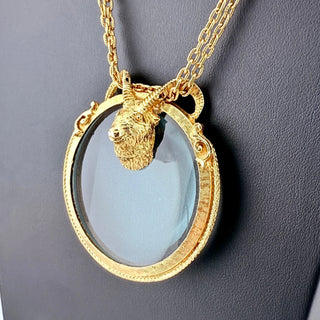 Reserved Grace vintage Florenza goldtone ram head magnifying glass pendant necklace on a 19-inch chain