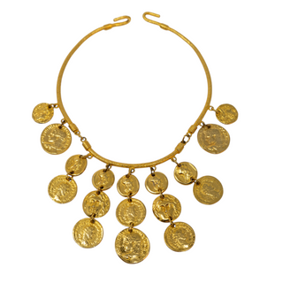 Reserved Grace gold-tone chunky coin choker bib necklace with intricate Ancient Greek inspired coin charms.