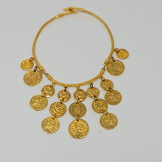 Reserved Grace gold-tone chunky coin choker bib necklace with intricate ancient Greek-inspired coin charms.