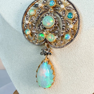 Reserved Grace vintage gold vermeil filigree pendant necklace featuring Ethiopian opals, diamonds, and a pear drop.