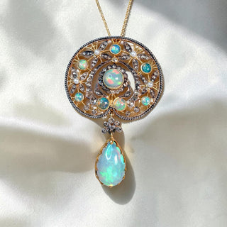 Reserved Grace vintage gold vermeil filigree pendant necklace featuring Ethiopian opals and diamond accents.