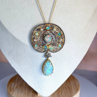 Reserved Grace vintage gold vermeil filigree pendant necklace featuring Ethiopian opals and diamond accents on a chain.