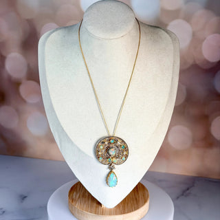 Reserved Grace vintage gold vermeil filigree pendant necklace featuring Ethiopian opals and diamond accents on a chain.