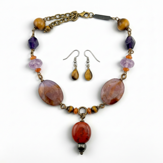 Reserved Grace Jan Michaels statement necklace and earrings set featuring mixed gemstones in antiqued brass.