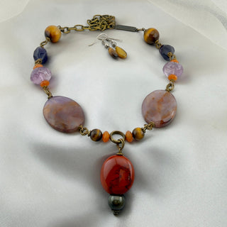 Reserved Grace Jan Michaels vintage statement necklace with amethyst, jasper, onyx, and smoky quartz in antiqued brass.