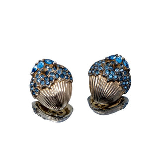Reserved Grace vintage Jomaz gold-tone clip-on earrings featuring vibrant blue rhinestone clusters in an acorn design.