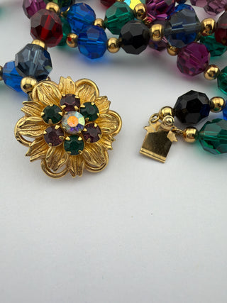 Reserved Grace vintage Napier multi-strand beaded necklace with a gold-tone floral rhinestone clasp