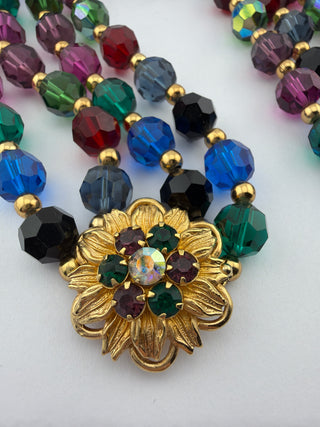 Reserved Grace vintage Napier multi-strand necklace with jewel-toned crystal beads and ornate gold-tone floral clasp.