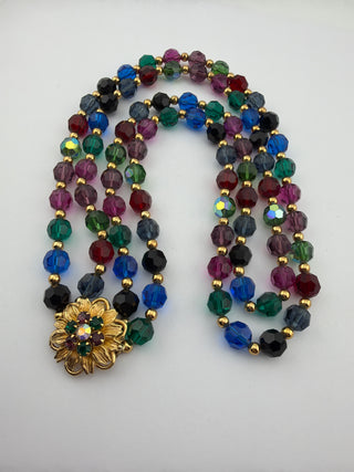 Reserved Grace vintage Napier multi-strand necklace with jewel-toned crystal beads and an ornate gold-tone floral clasp