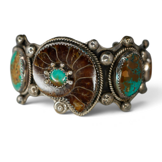 Reserved Grace vintage Navajo sterling silver cuff bracelet featuring an ammonite fossil and Royston turquoise stones.