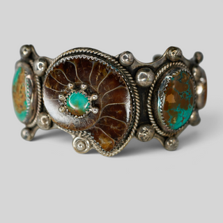 Reserved Grace vintage Navajo sterling silver cuff with ammonite fossil and Royston turquoise cabochons