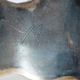 Reserved Grace vintage Navajo sterling silver cuff bracelet showing the artist's signature etched on the inner band