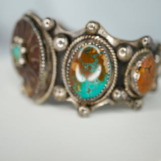 Reserved Grace vintage Navajo sterling silver cuff with ammonite fossil and Royston turquoise cabochons